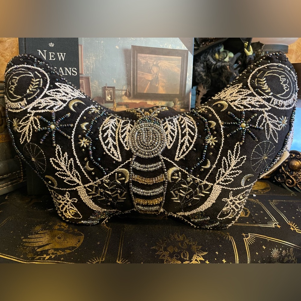 NWT Black Celestial Beaded Moth Shaped Embroidered Throw Pillow